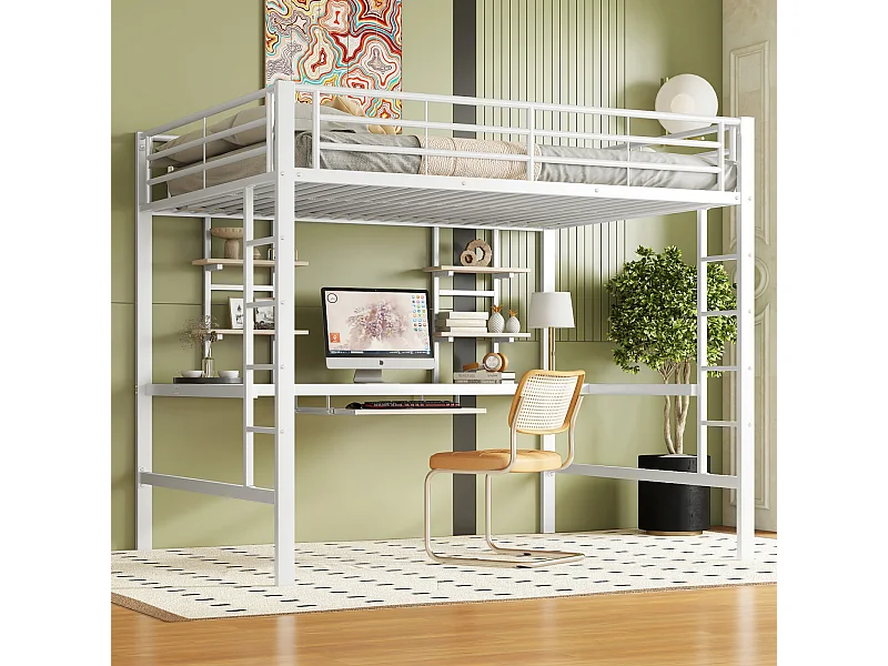 Lit mezzanine 140x200 cm en métal blanc avec bureau intégré et 2 étagères – Idéal pour enfant, ado ou adulte, design pratique