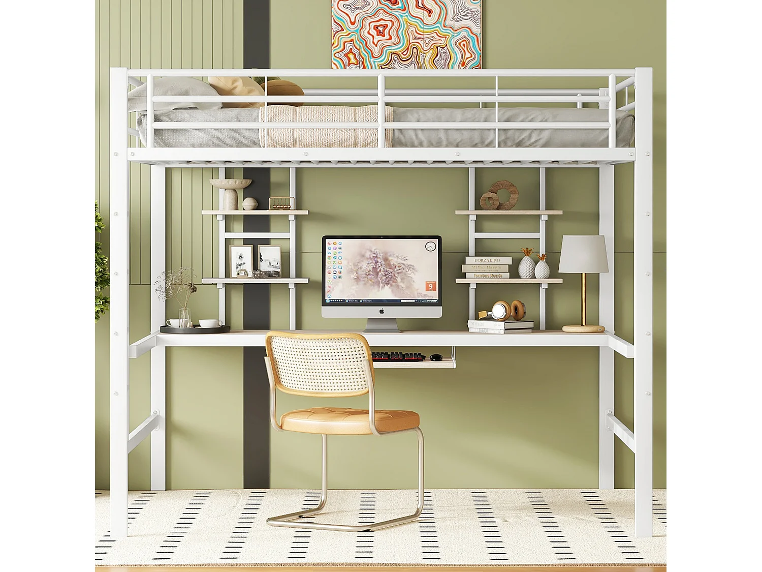 Lit mezzanine 140x200 cm en métal blanc avec bureau intégré et 2 étagères – Idéal pour enfant, ado ou adulte, design pratique