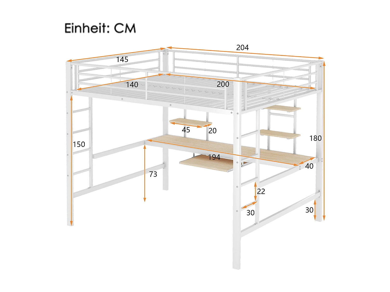 Lit mezzanine 140x200 cm en métal blanc avec bureau intégré et 2 étagères – Idéal pour enfant, ado ou adulte, design pratique