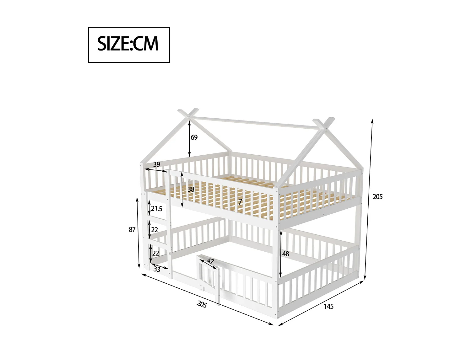 Lit superposé enfant 140x200 cm, lit familial avec échelle, style loft, cadre en bois massif blanc – Pratique et sécurisé pour chambre enfant