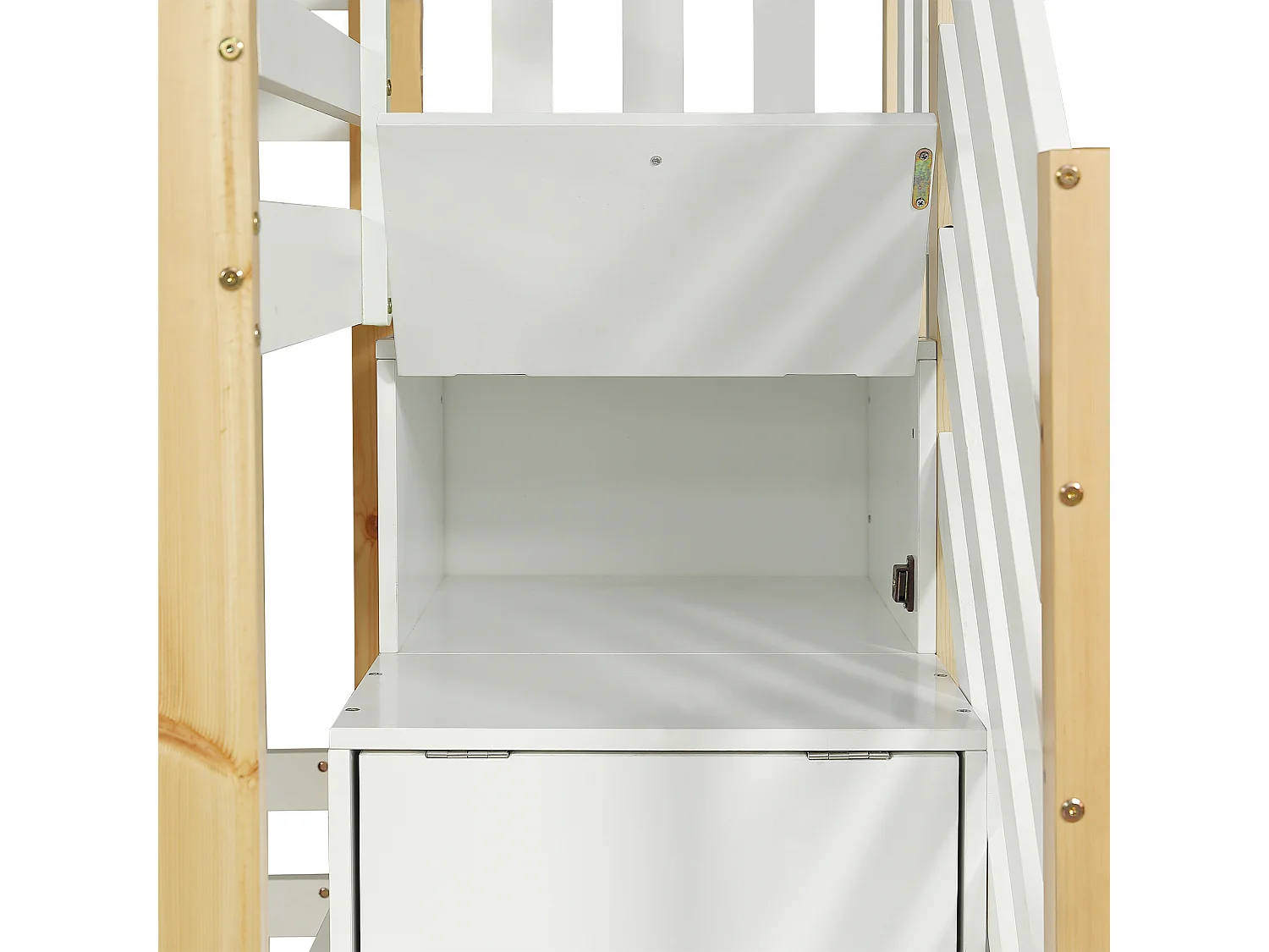 Beliche estilo cabine branca de 90x200cm com escada de arrumação, grades de segurança e janelas – Cama infantil robusta e leve, feita de pinho e MDF.