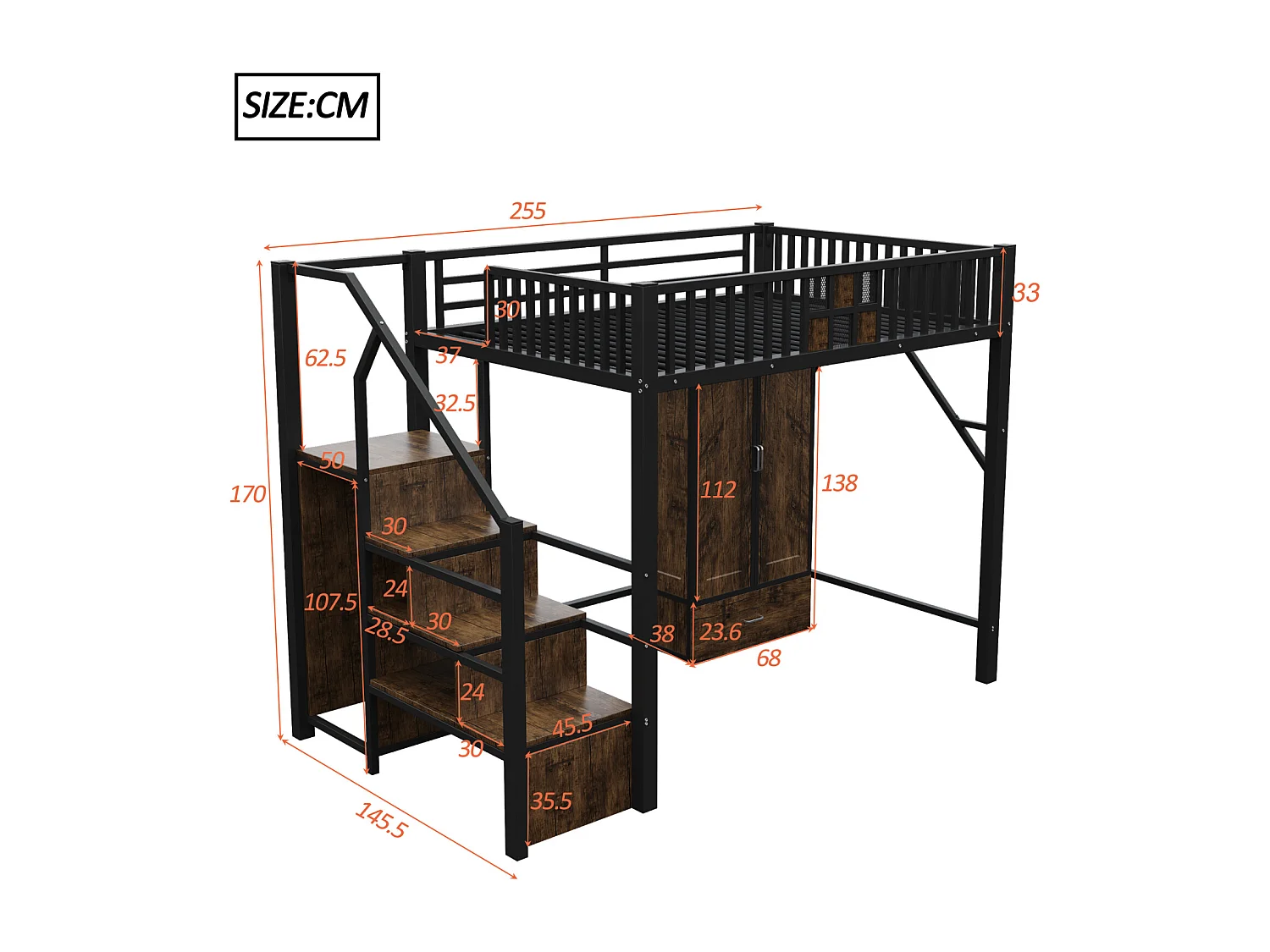 Lit mezzanine 140x200 cm noir en métal avec garde-corps bois/métal, grand placard, tiroirs et échelle de rangement