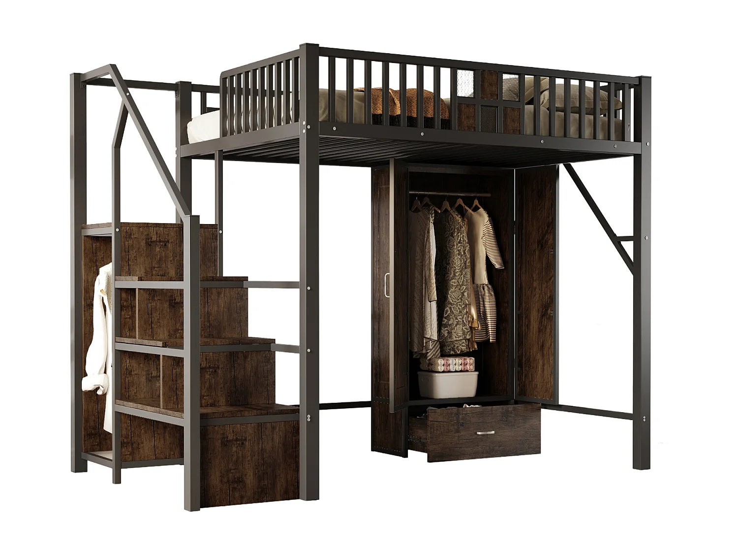 Lit mezzanine 140x200 cm noir en métal avec garde-corps bois/métal, grand placard, tiroirs et échelle de rangement