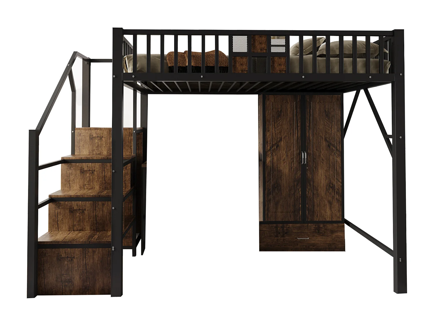 Lit mezzanine 140x200 cm noir en métal avec garde-corps bois/métal, grand placard, tiroirs et échelle de rangement