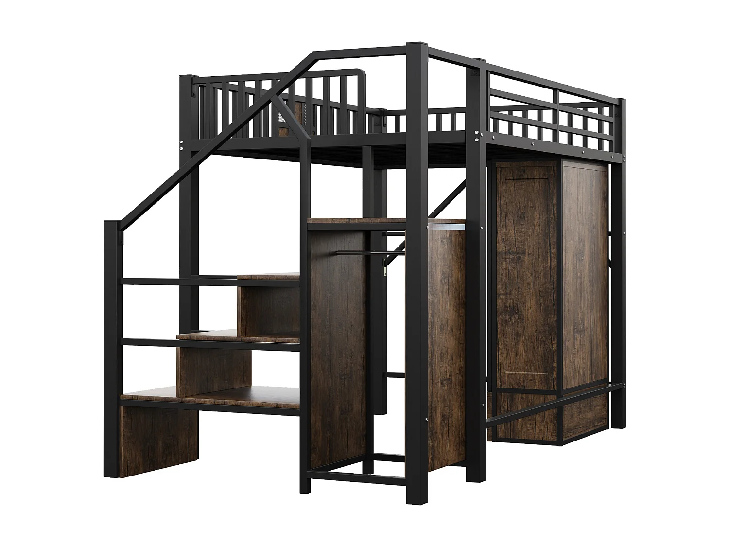 Lit mezzanine 140x200 cm noir en métal avec garde-corps bois/métal, grand placard, tiroirs et échelle de rangement