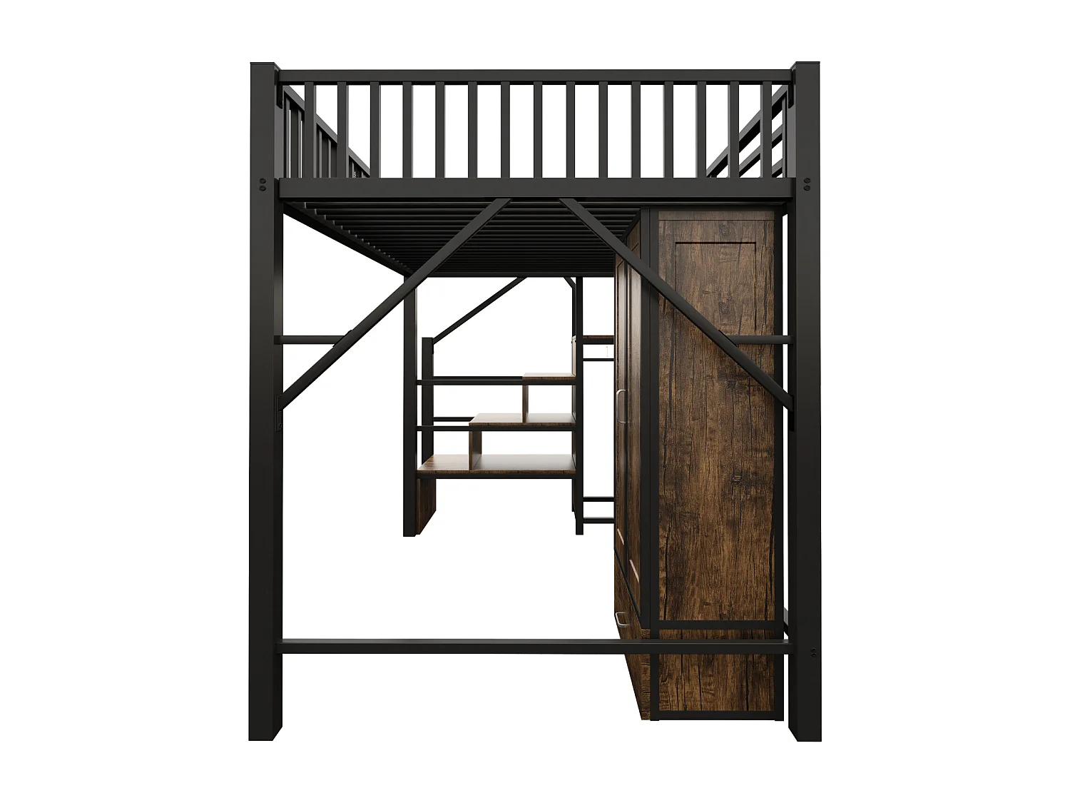 Lit mezzanine 140x200 cm noir en métal avec garde-corps bois/métal, grand placard, tiroirs et échelle de rangement