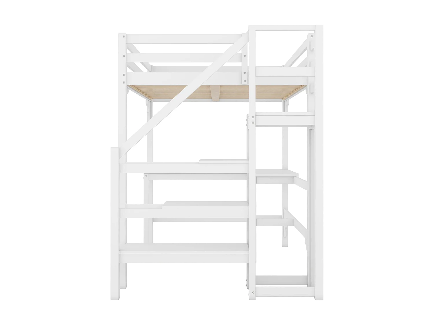 Lit mezzanine 140x200 cm en pin blanc avec bureau et armoire ouverte – Gain de place pour chambre ado/adulte