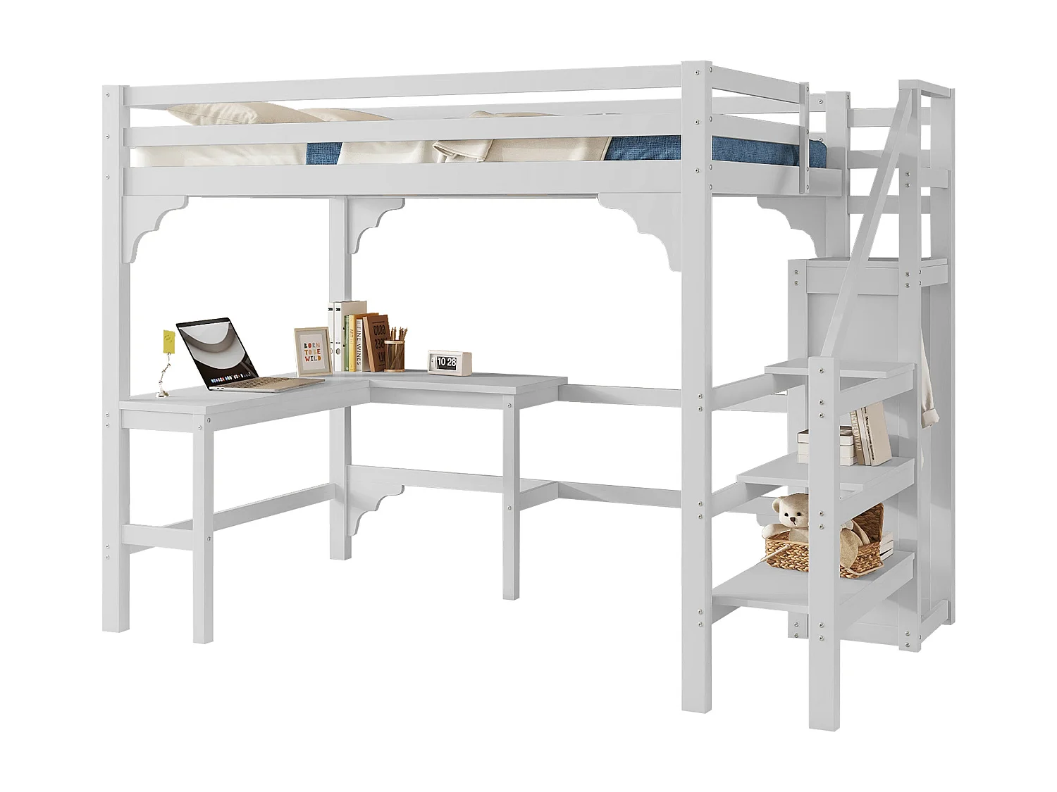 Lit mezzanine 140x200 cm en pin blanc avec bureau et armoire ouverte – Gain de place pour chambre ado/adulte