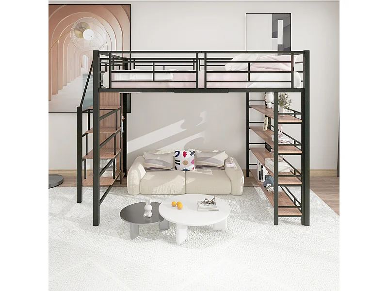 Lit mezzanine 140x200 cm noir avec échelle de sécurité, rangement, petit placard et étagères, barrières hautes, lit pour enfant ou ado