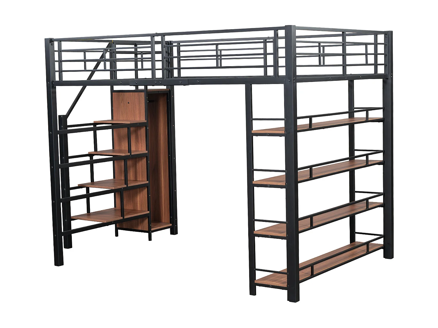 Zwarte hoogslaper 140x200 cm met veiligheidsladder, opbergruimte, kleine kledingkast en planken, hoge leuningen, bed voor kind of tiener