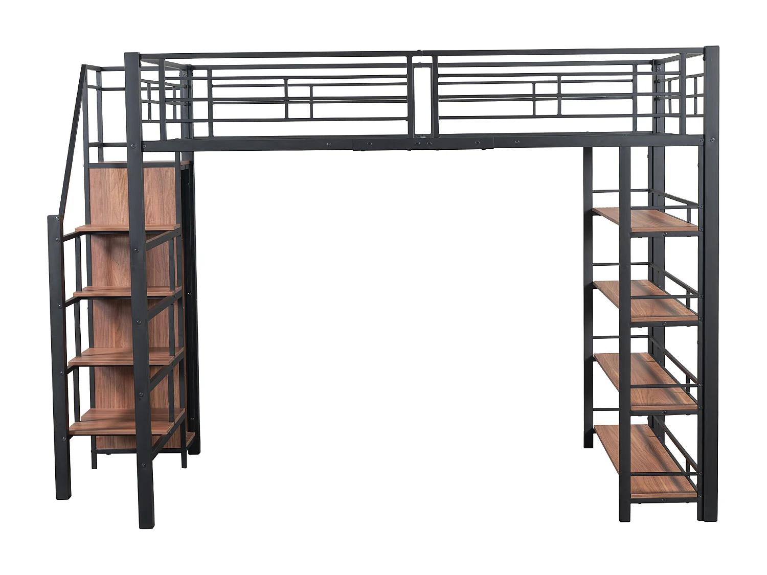Zwarte hoogslaper 140x200 cm met veiligheidsladder, opbergruimte, kleine kledingkast en planken, hoge leuningen, bed voor kind of tiener