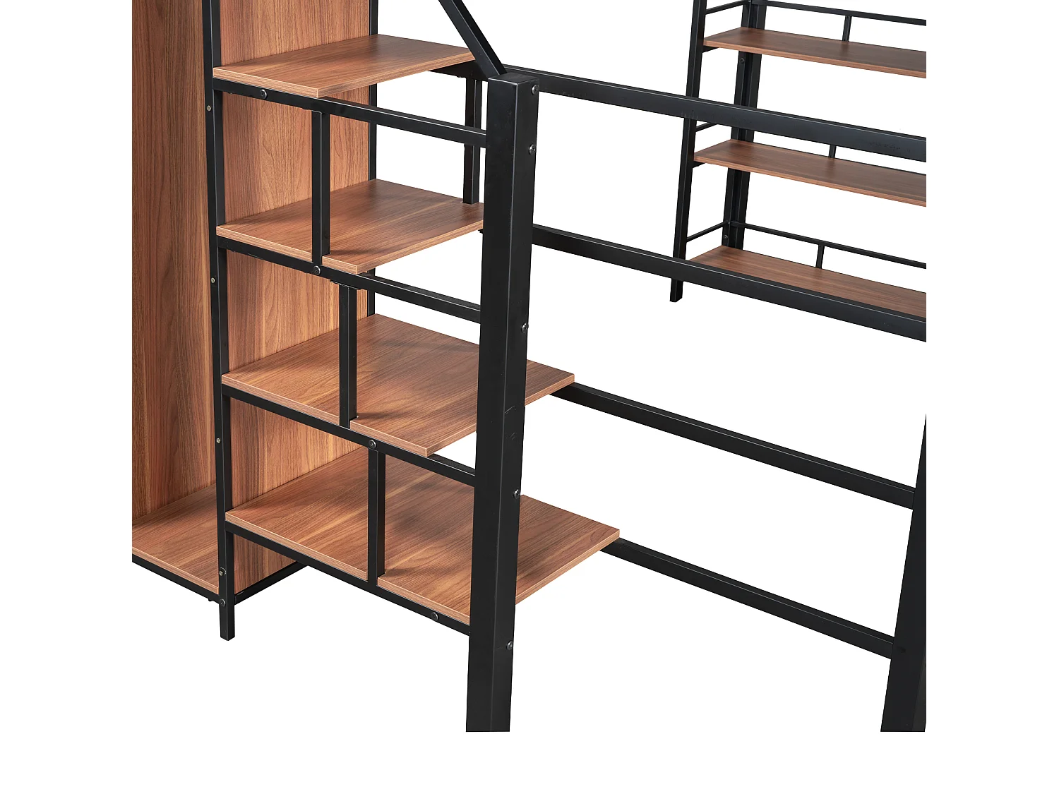 Zwarte hoogslaper 140x200 cm met veiligheidsladder, opbergruimte, kleine kledingkast en planken, hoge leuningen, bed voor kind of tiener