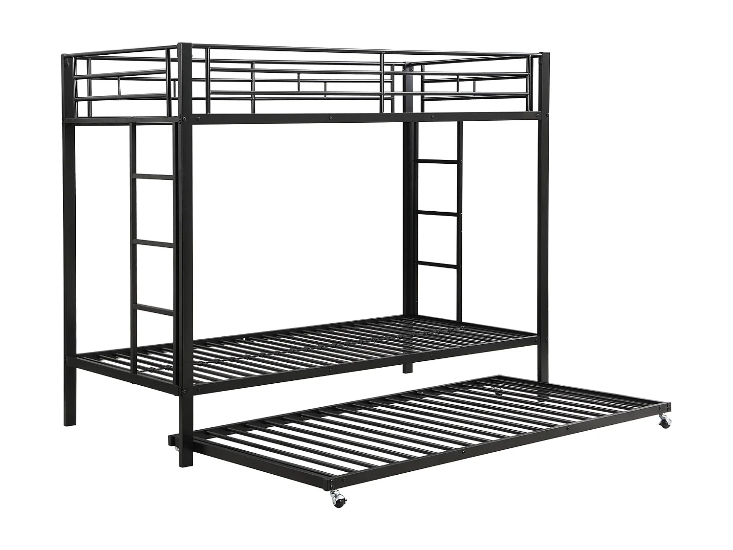 Lit superposé 90x200 cm en métal noir pour enfant avec lit gigogne, barrières hautes – Sécurisé et pratique