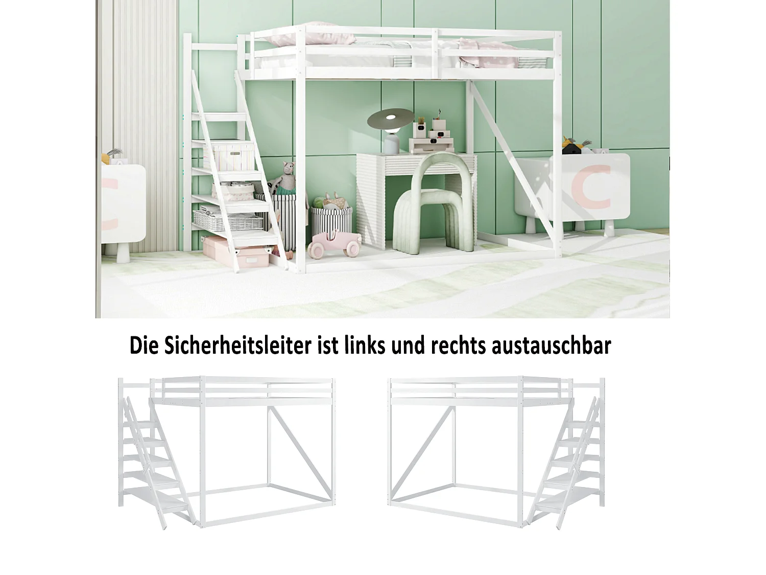 Lit mezzanine 140x200 cm en bois massif avec échelle de sécurité, sommier – Convient aux enfants, adolescents et adultes, blanc