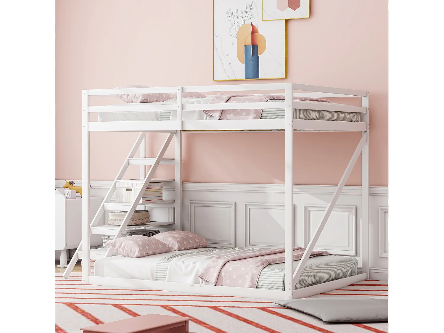 Lit mezzanine 140x200 cm en bois massif avec échelle de sécurité, sommier – Convient aux enfants, adolescents et adultes, blanc