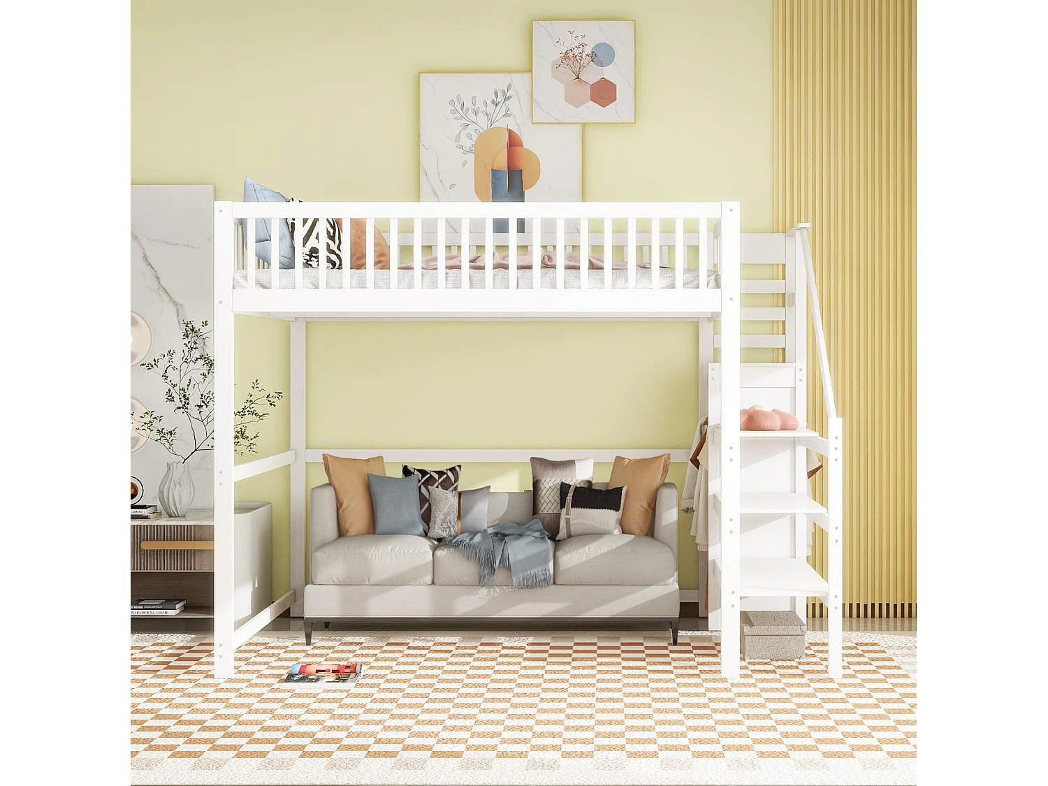Lit mezzanine 140x200 cm blanc pour enfant, en bois, avec escalier, étagère de rangement et petit placard – Lit pratique et sécurisé