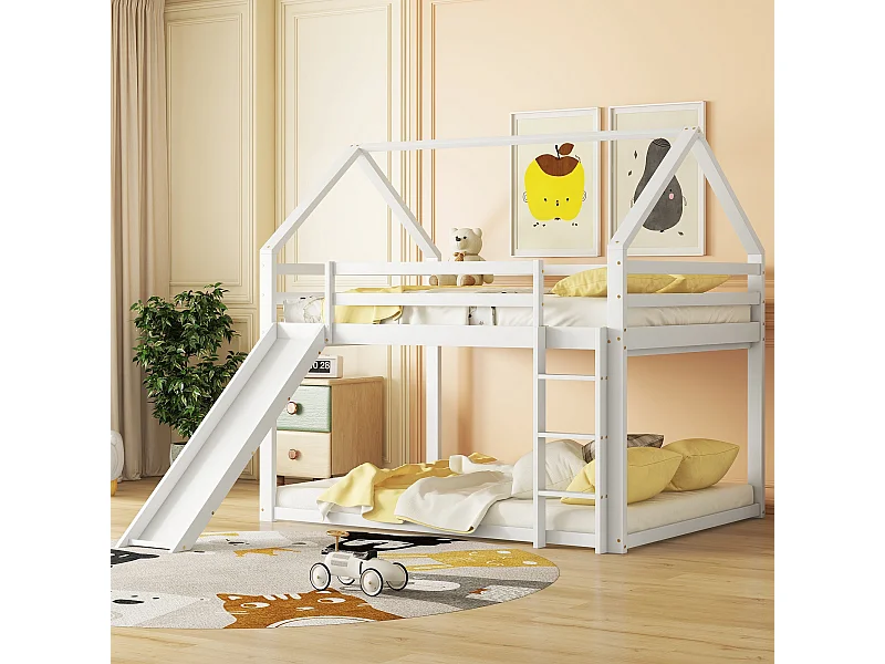Lit superposé cabane 140x200 cm blanc avec toboggan et échelle, design maison, idéal pour chambre d’enfant