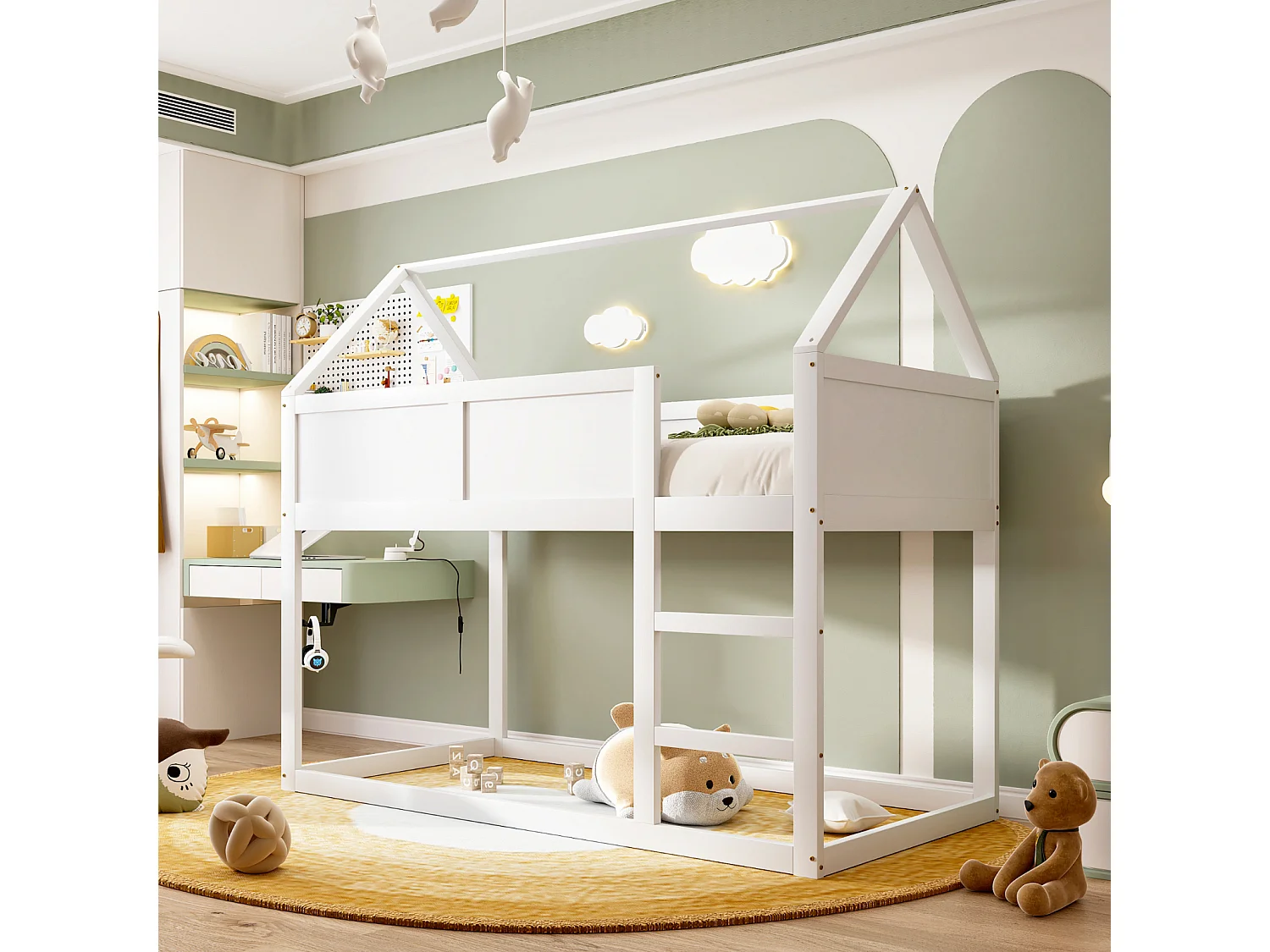 Litera baja de 90x200 cm para niños, de madera maciza blanca, con escalera segura y diseño moderno, ideal para la habitación de un niño.