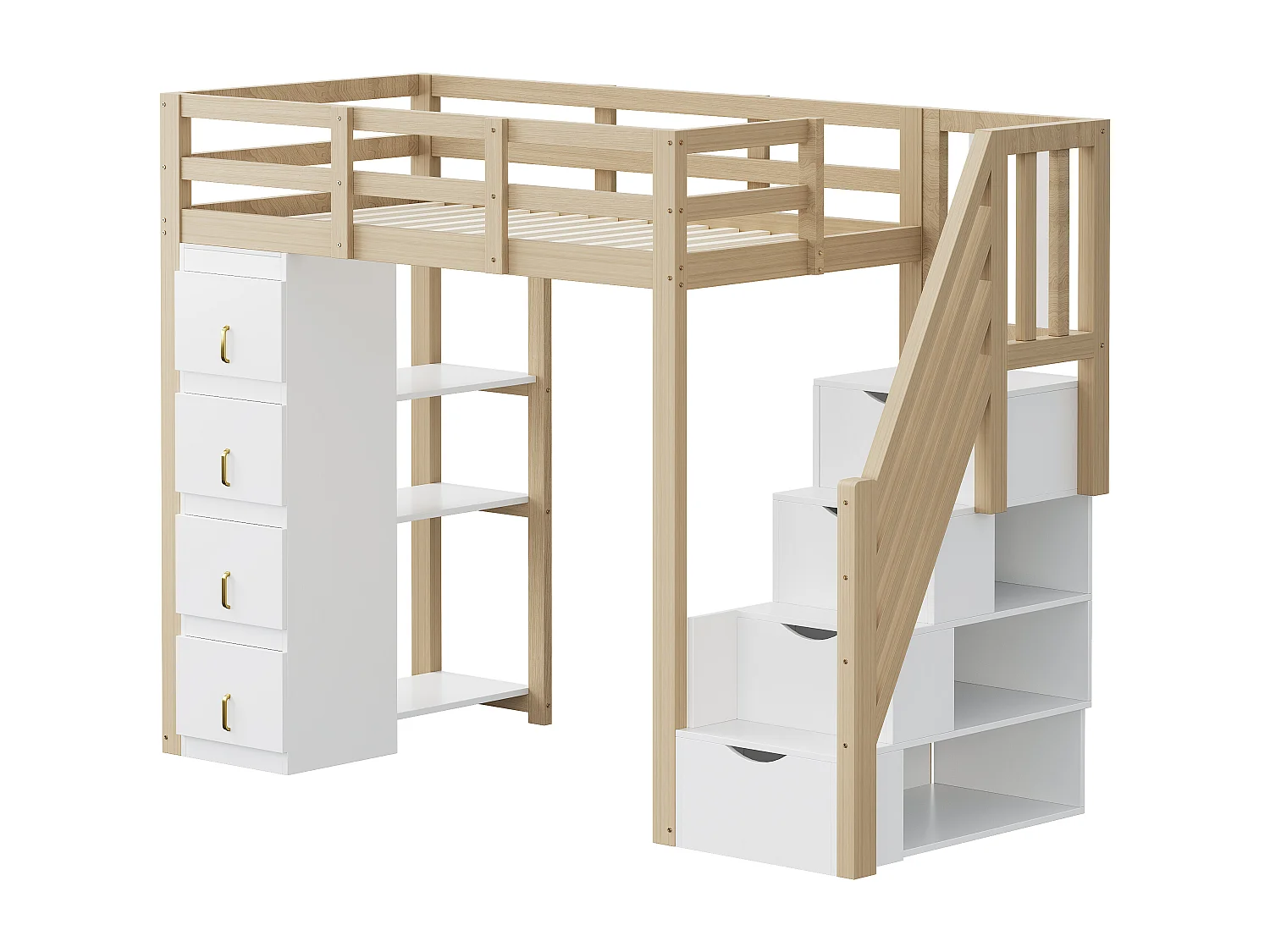 Lit mezzanine 90x200 cm en bois avec tiroirs, étagères multiples et échelle sécurisée – Lit multifonction pratique et robuste
