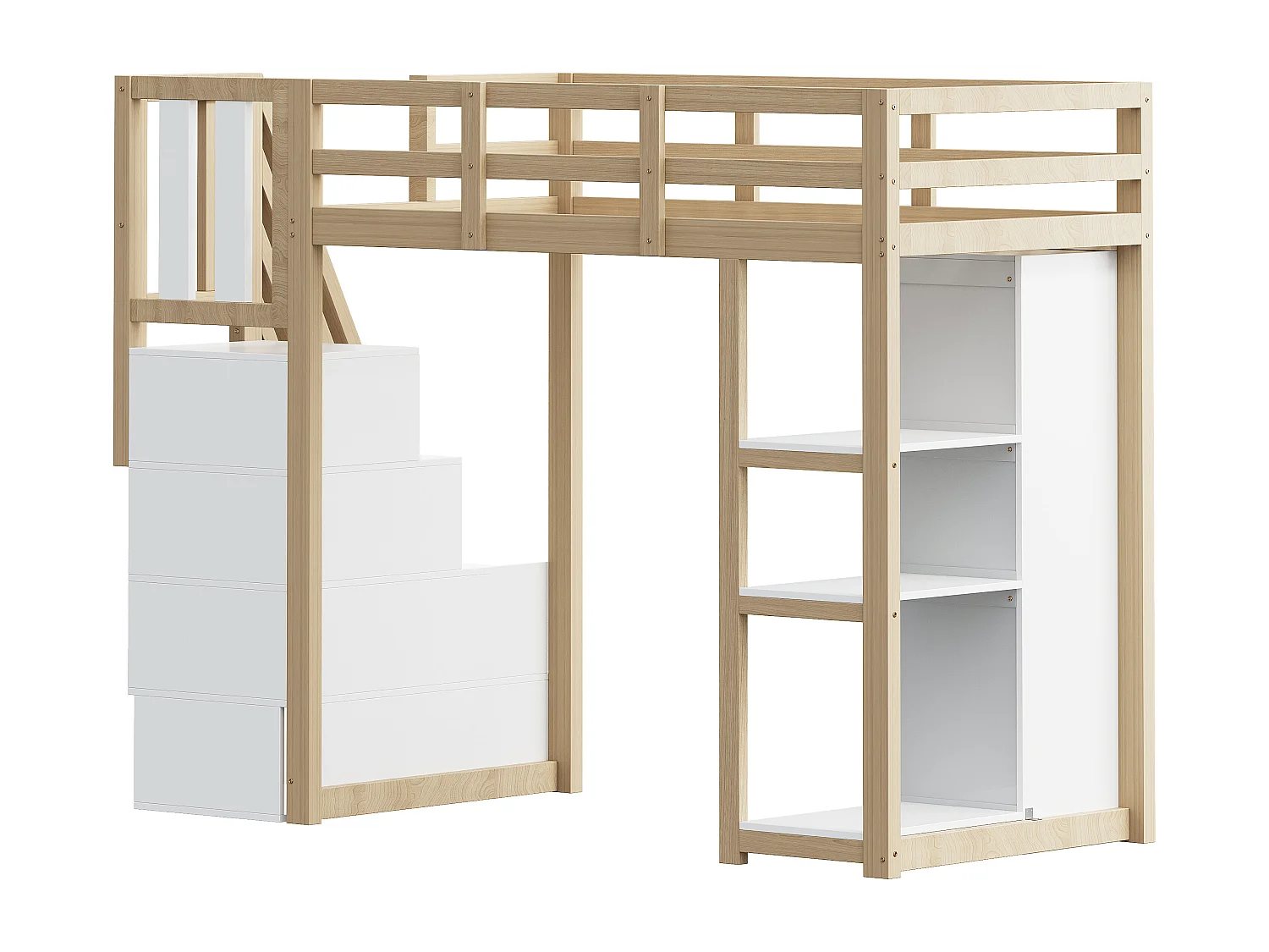 Lit mezzanine 90x200 cm en bois avec tiroirs, étagères multiples et échelle sécurisée – Lit multifonction pratique et robuste