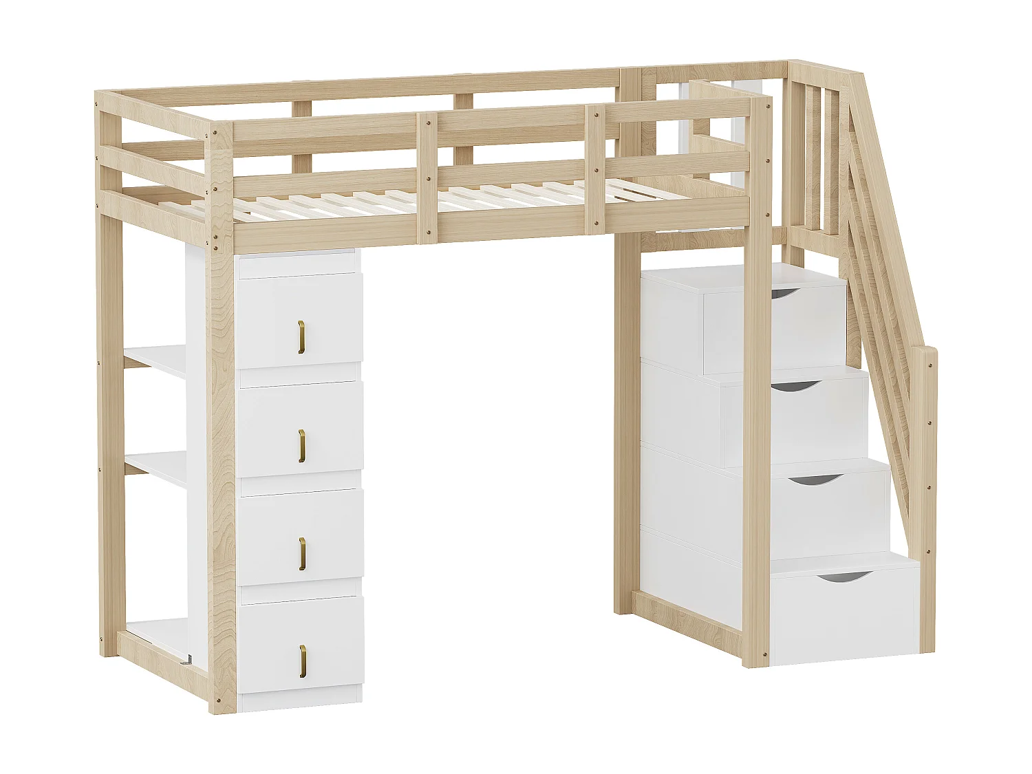 Lit mezzanine 90x200 cm en bois avec tiroirs, étagères multiples et échelle sécurisée – Lit multifonction pratique et robuste