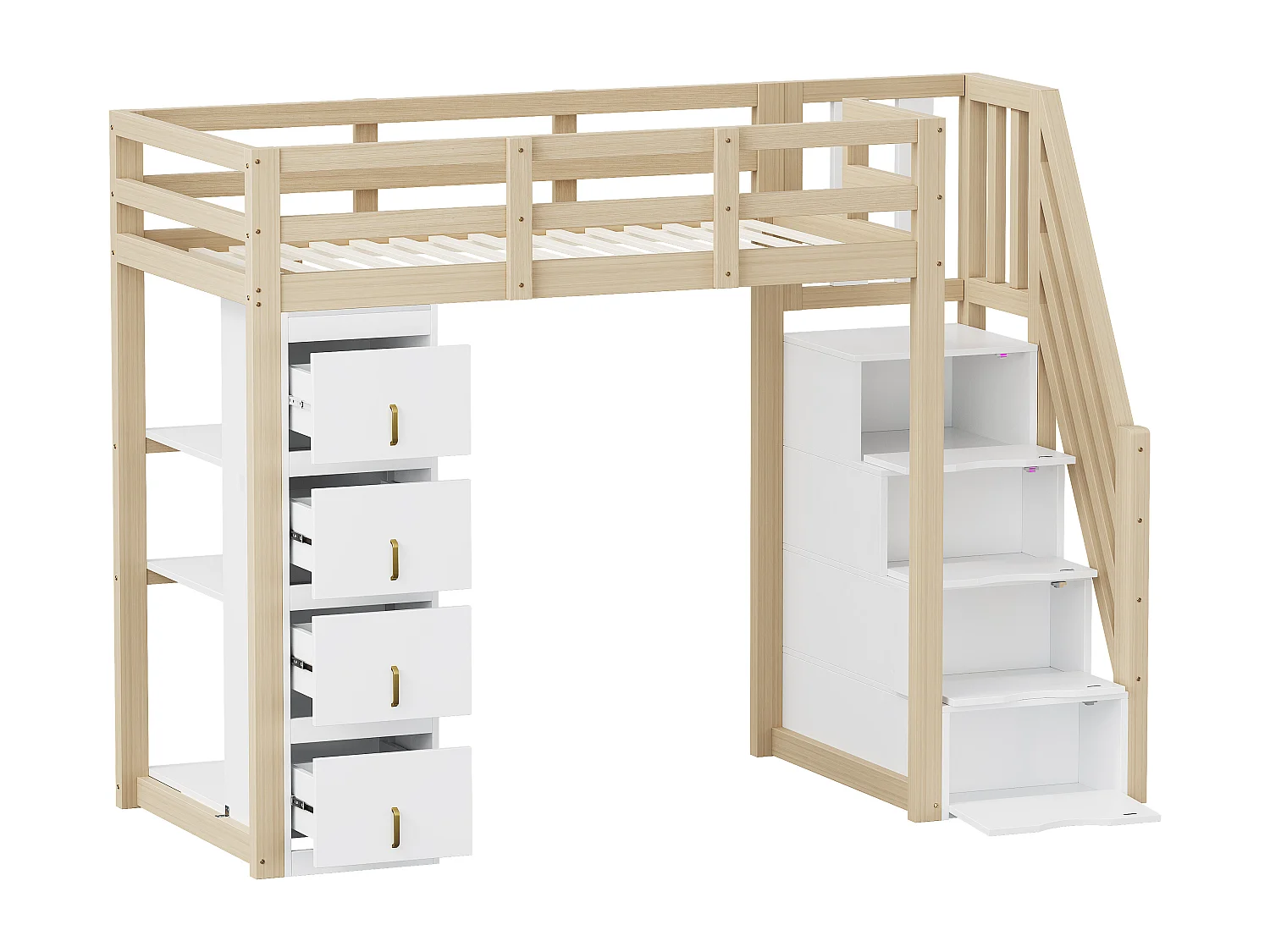 Lit mezzanine 90x200 cm en bois avec tiroirs, étagères multiples et échelle sécurisée – Lit multifonction pratique et robuste