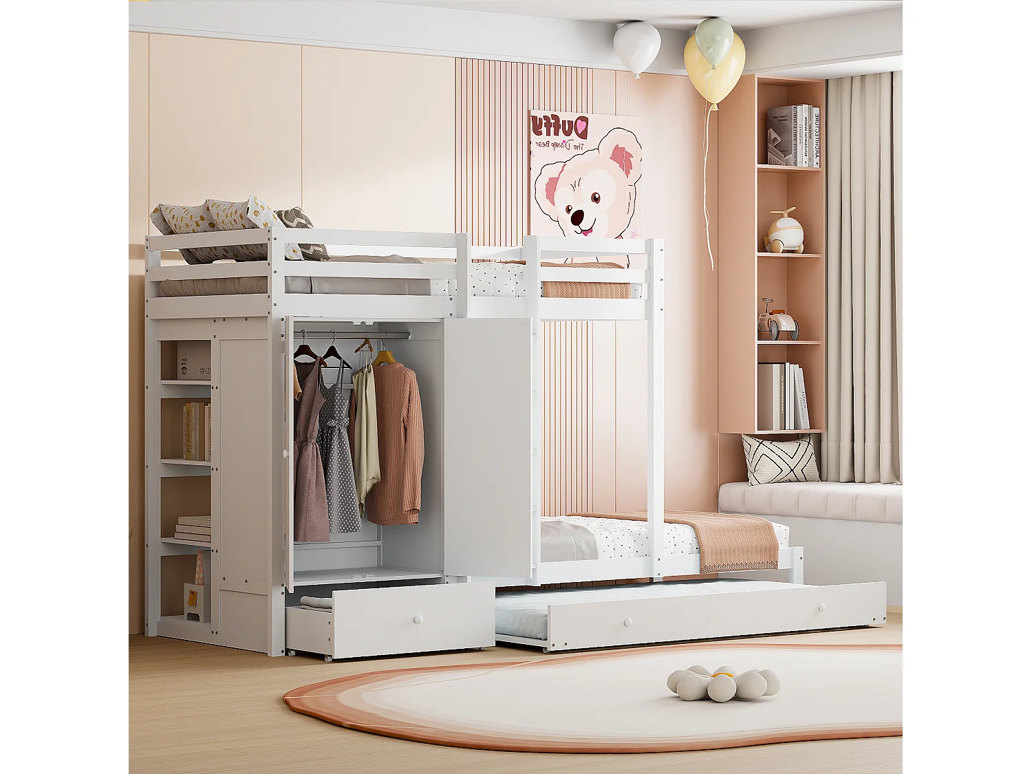 Litera infantil multifuncional de madera maciza de 90x200 cm con cama nido, armario, cajones, color blanco.