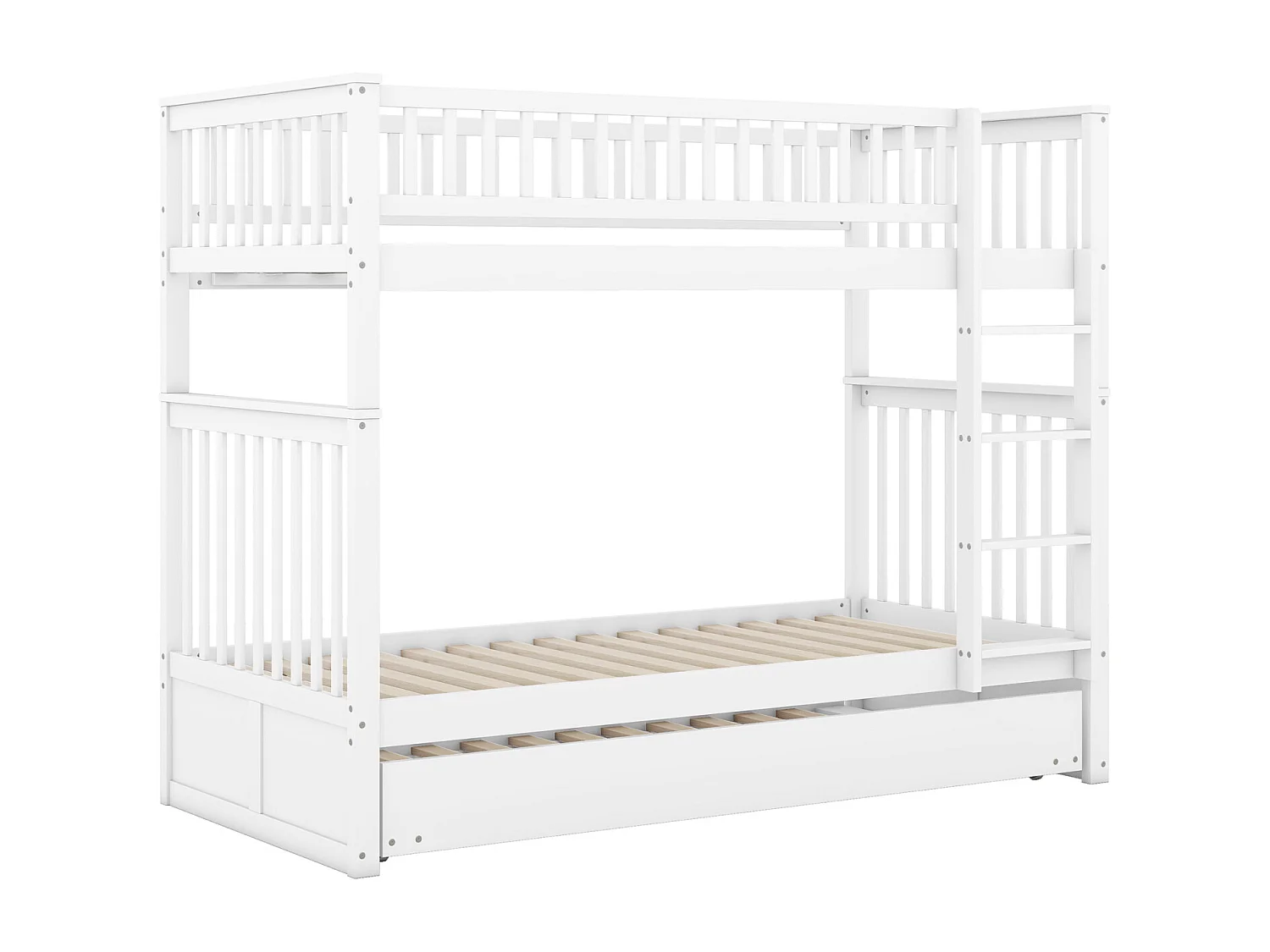 Lit superposé triple 90x200 cm blanc pour enfants, avec lit gigogne, barrières hautes et escalier sécurisé