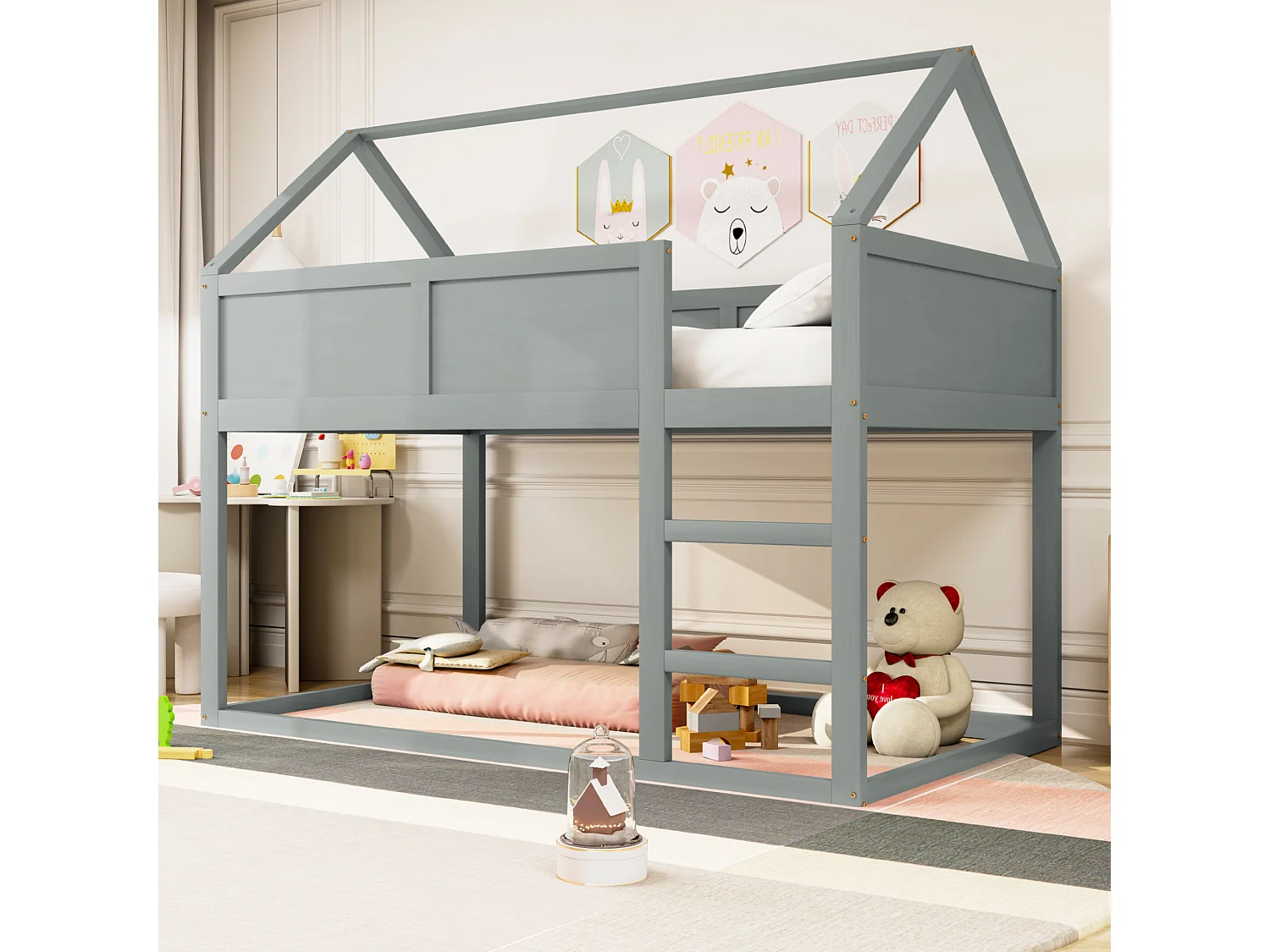 Kinderstapelbed 90x200 cm grijs massief hout, eenpersoonsbed met ladder – Veilig en praktisch voor de kinderkamer