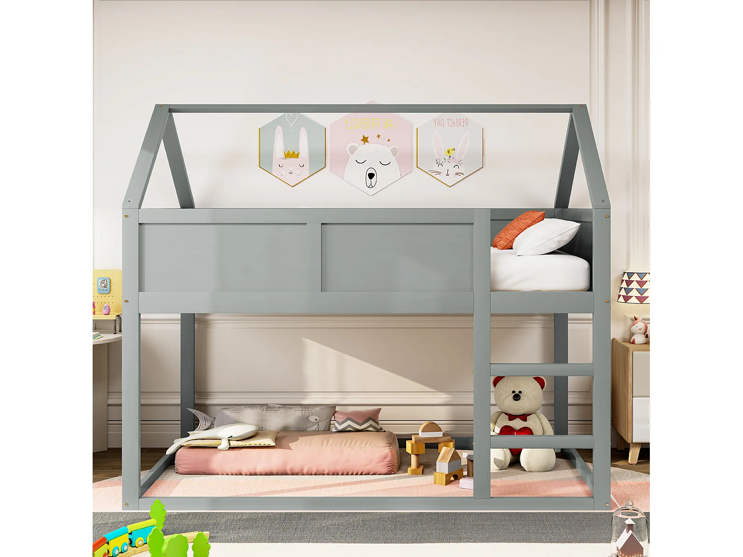 Kinderstapelbed 90x200 cm grijs massief hout, eenpersoonsbed met ladder – Veilig en praktisch voor de kinderkamer