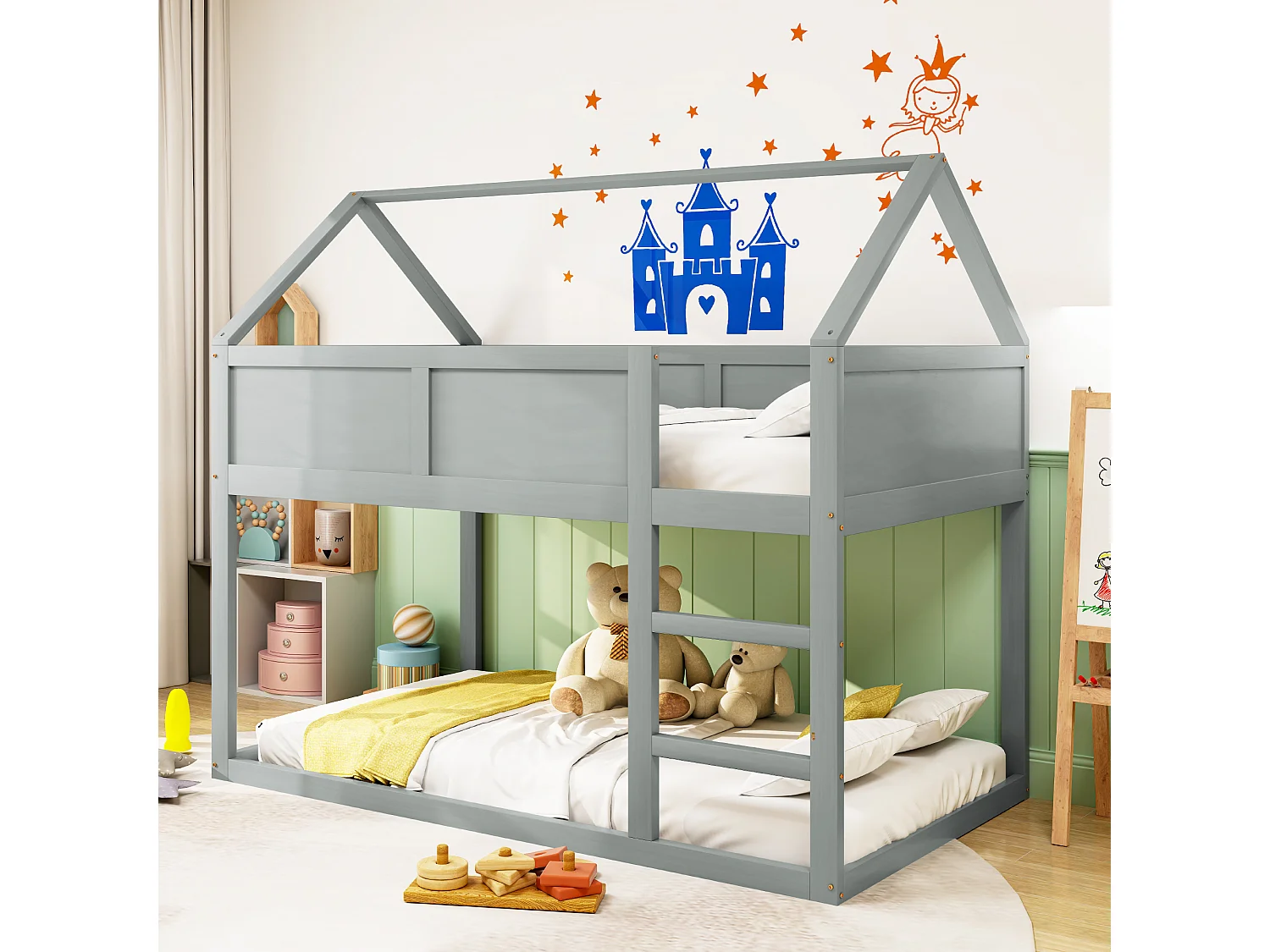 Litera infantil de 90x200 cm, madera maciza gris, cama inferior individual con escalera – Segura y práctica para la habitación de un niño