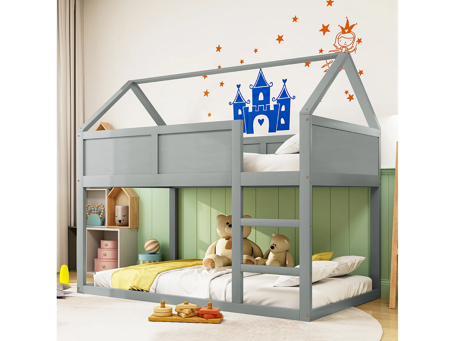 Litera infantil de 90x200 cm, madera maciza gris, cama inferior individual con escalera – Segura y práctica para la habitación de un niño