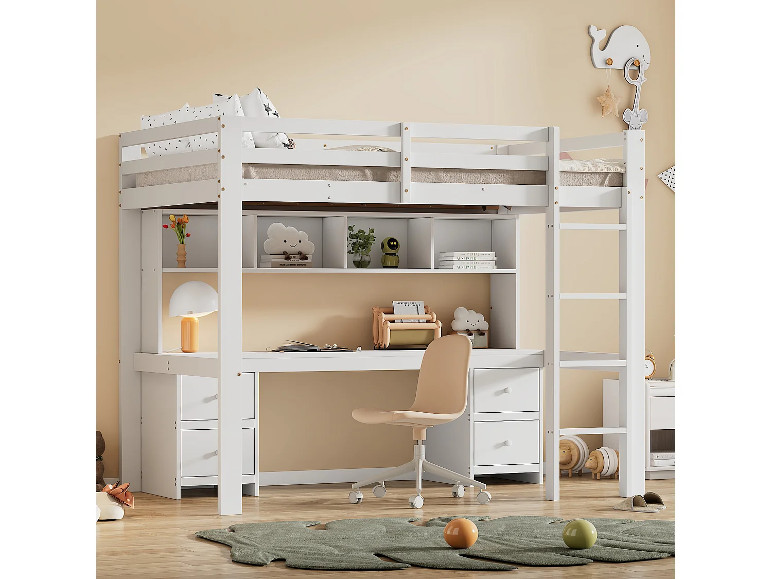 Litera infantil de 90x200 cm blanca con cama superior, escritorio debajo, amplio espacio de almacenamiento, barandillas altas y escalera resistente.