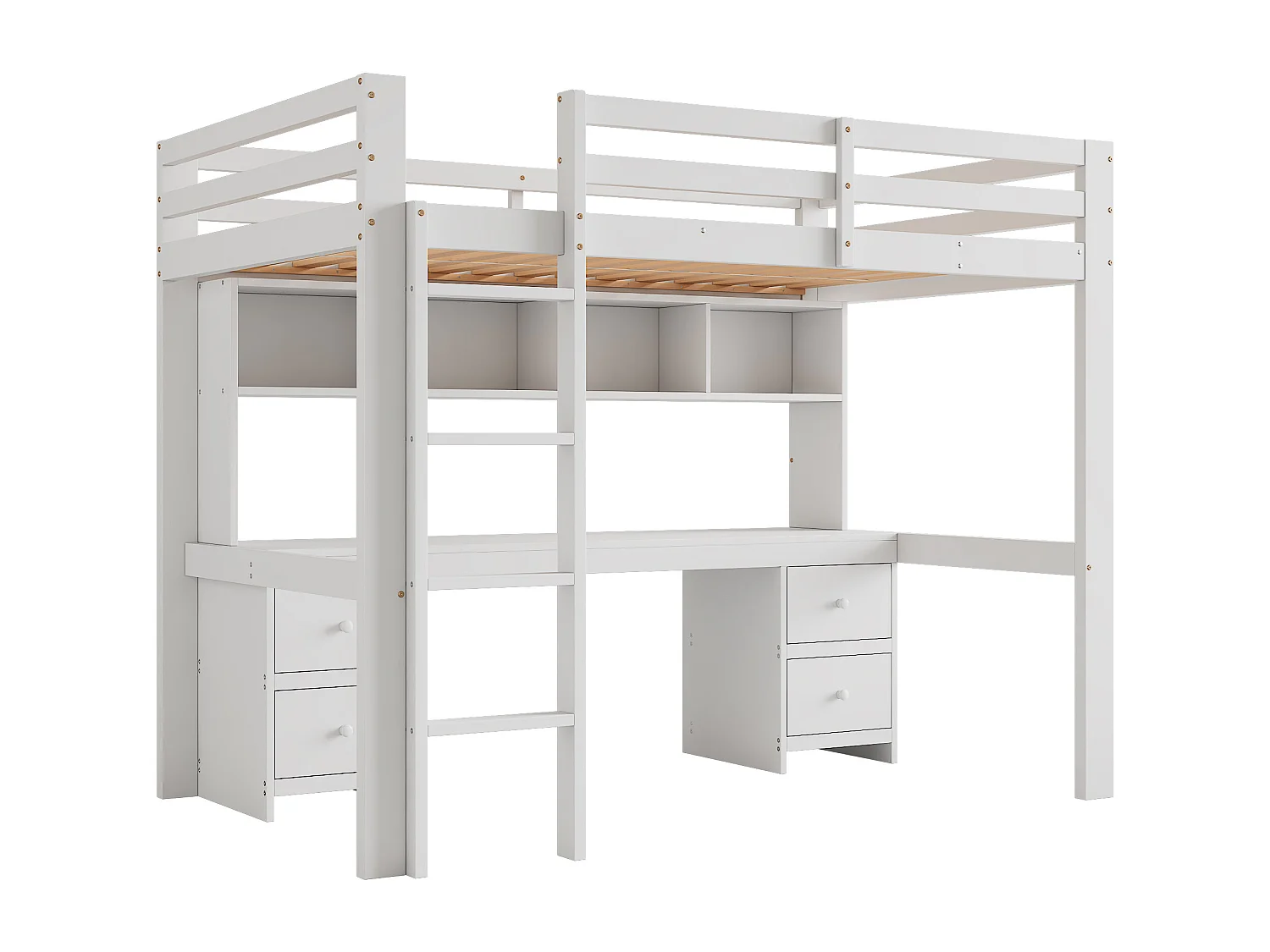 Litera infantil de 90x200 cm blanca con cama superior, escritorio debajo, amplio espacio de almacenamiento, barandillas altas y escalera resistente.