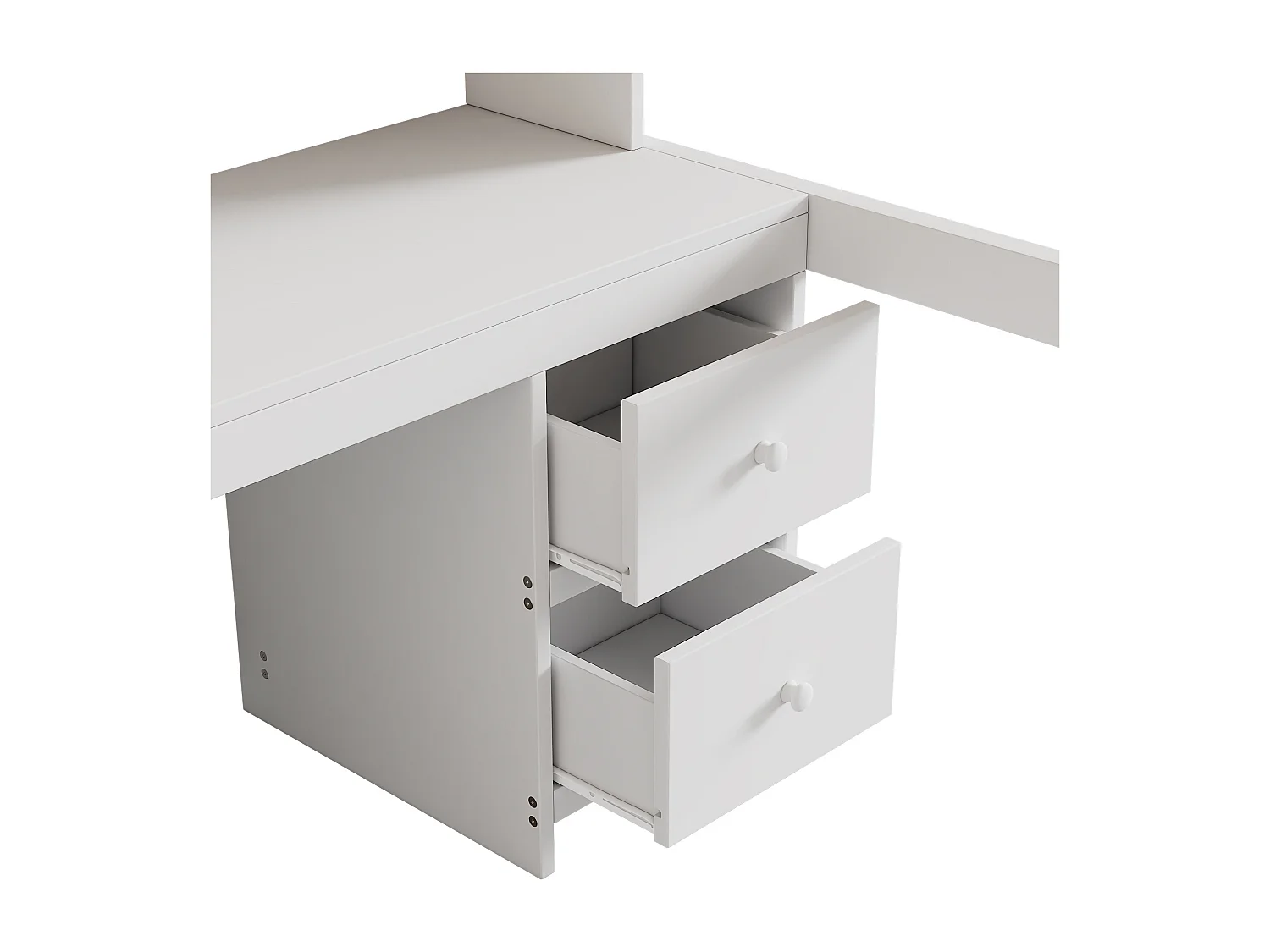 Litera infantil de 90x200 cm blanca con cama superior, escritorio debajo, amplio espacio de almacenamiento, barandillas altas y escalera resistente.