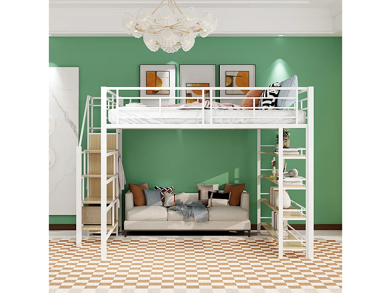 Lit mezzanine 140x200 cm blanc pour enfant avec escalier sécurisé, rangement, petit placard, Structure haute avec barrières