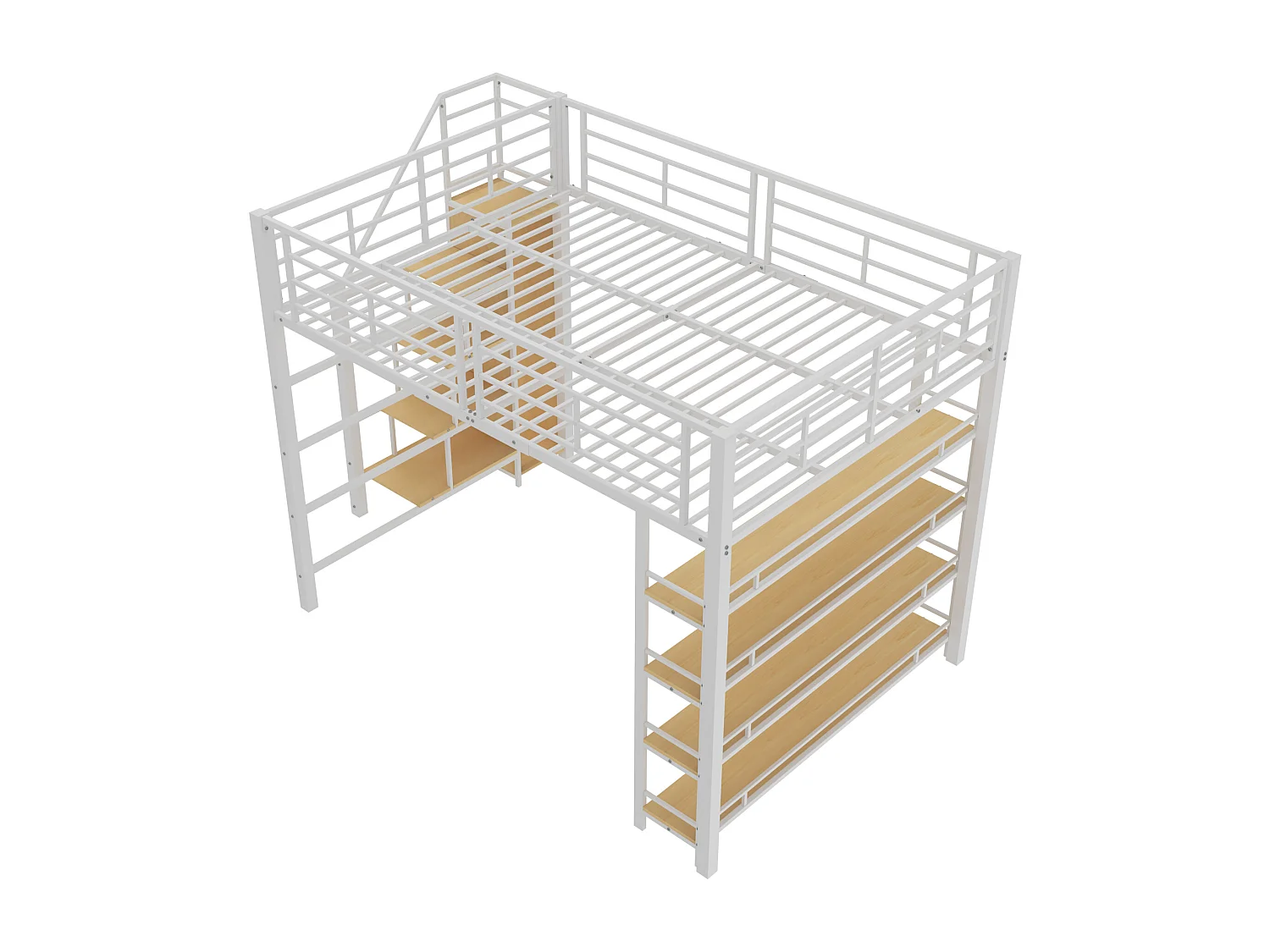 Lit mezzanine 140x200 cm blanc pour enfant avec escalier sécurisé, rangement, petit placard, Structure haute avec barrières