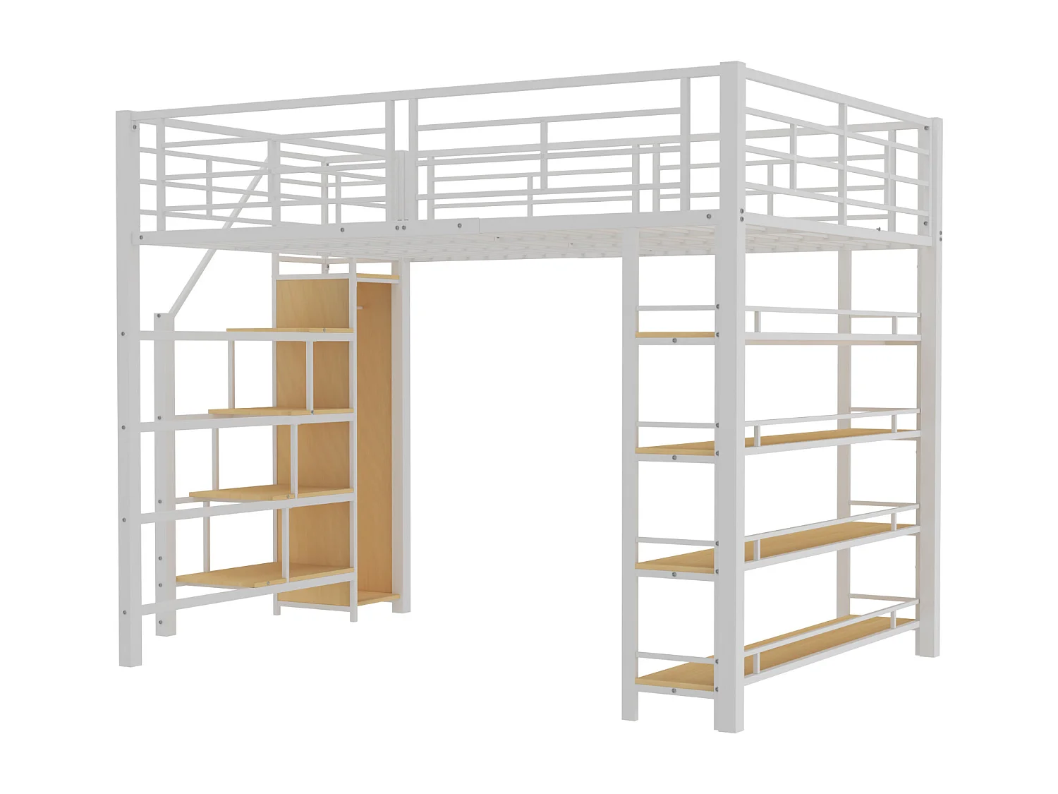 Lit mezzanine 140x200 cm blanc pour enfant avec escalier sécurisé, rangement, petit placard, Structure haute avec barrières