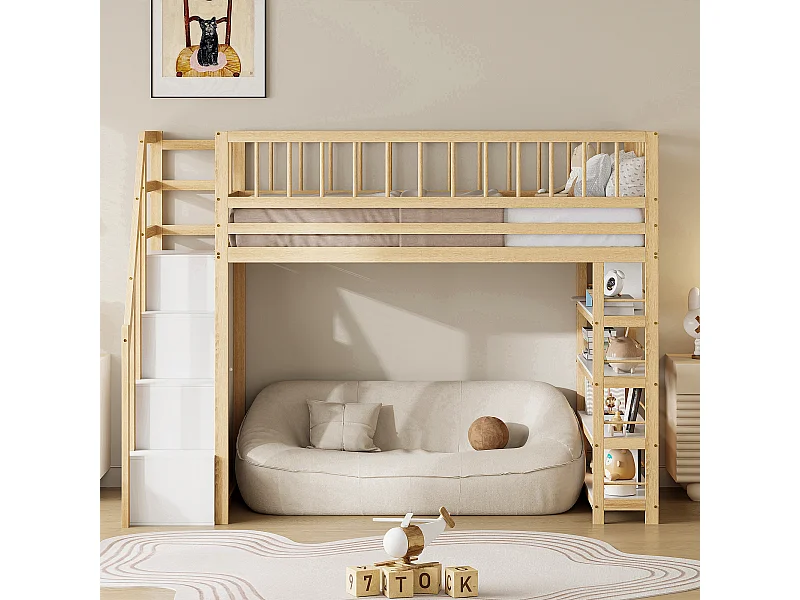 Lit mezzanine 90x200 cm couleur bois avec garde-corps, armoire, trangement, échelle sécurisée – lit multifonction enfant