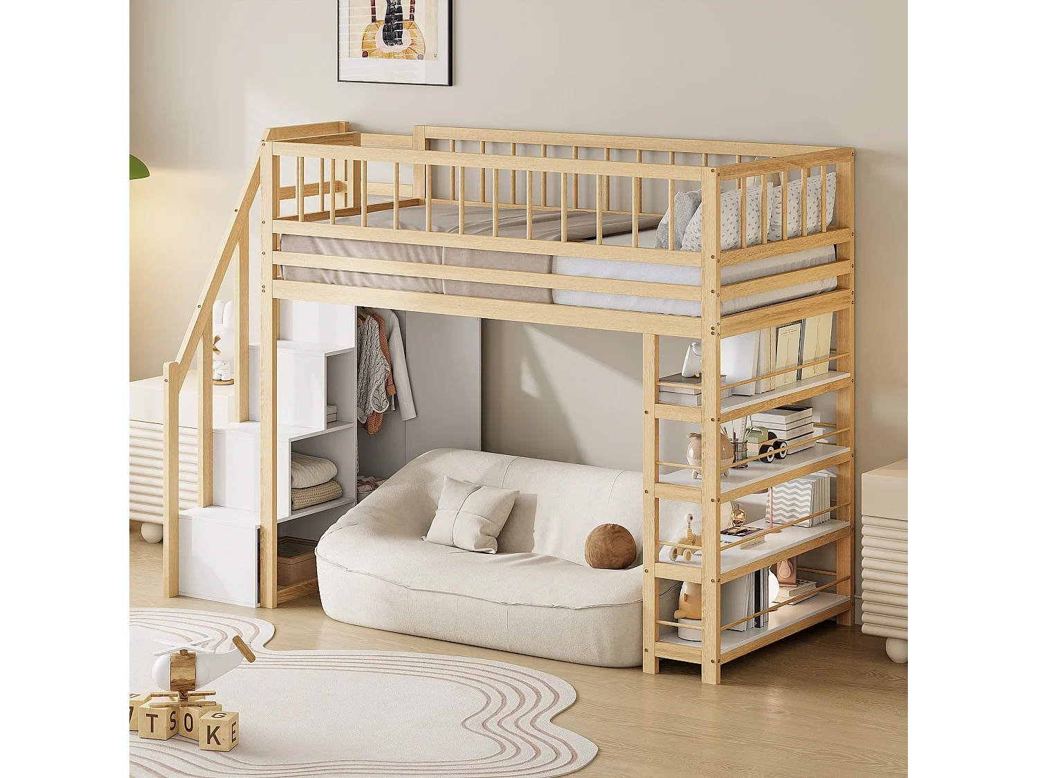 Cama alta de madera de 90x200 cm con barandilla, armario, espacio de almacenamiento y escalera de seguridad – cama infantil multifuncional
