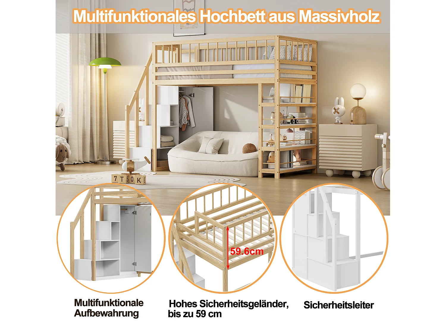 Cama alta de madera de 90x200 cm con barandilla, armario, espacio de almacenamiento y escalera de seguridad – cama infantil multifuncional