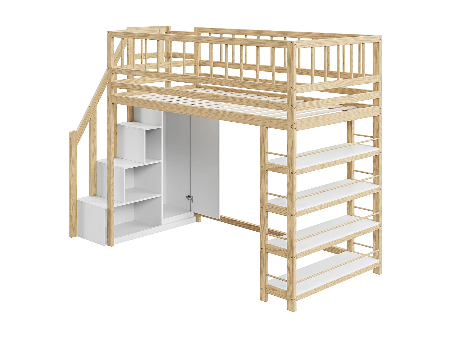 Cama alta de madera de 90x200 cm con barandilla, armario, espacio de almacenamiento y escalera de seguridad – cama infantil multifuncional