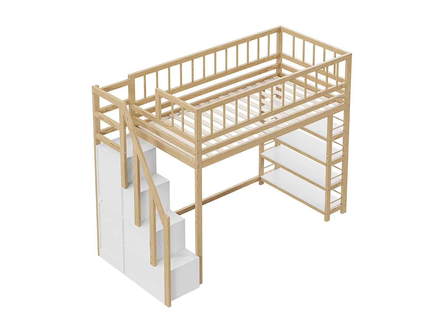 Cama alta de madera de 90x200 cm con barandilla, armario, espacio de almacenamiento y escalera de seguridad – cama infantil multifuncional