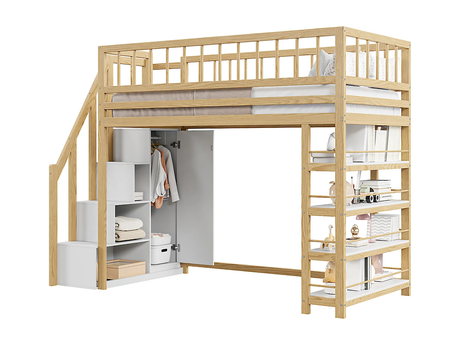 Cama alta de madera de 90x200 cm con barandilla, armario, espacio de almacenamiento y escalera de seguridad – cama infantil multifuncional