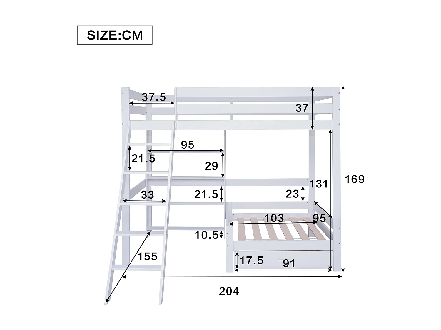 Litera infantil de 90x200 cm en madera maciza blanca, con estantes, sofá integrado, cajón y escalera inclinada de 5 peldaños.