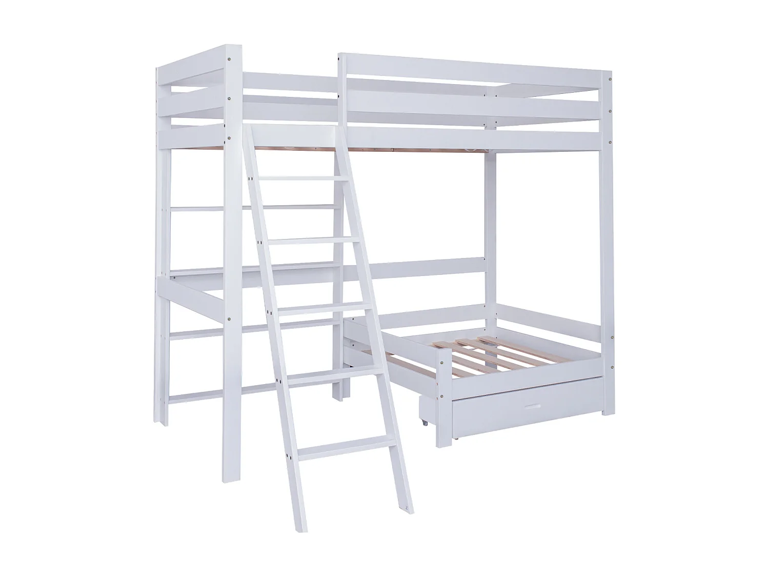 Litera infantil de 90x200 cm en madera maciza blanca, con estantes, sofá integrado, cajón y escalera inclinada de 5 peldaños.