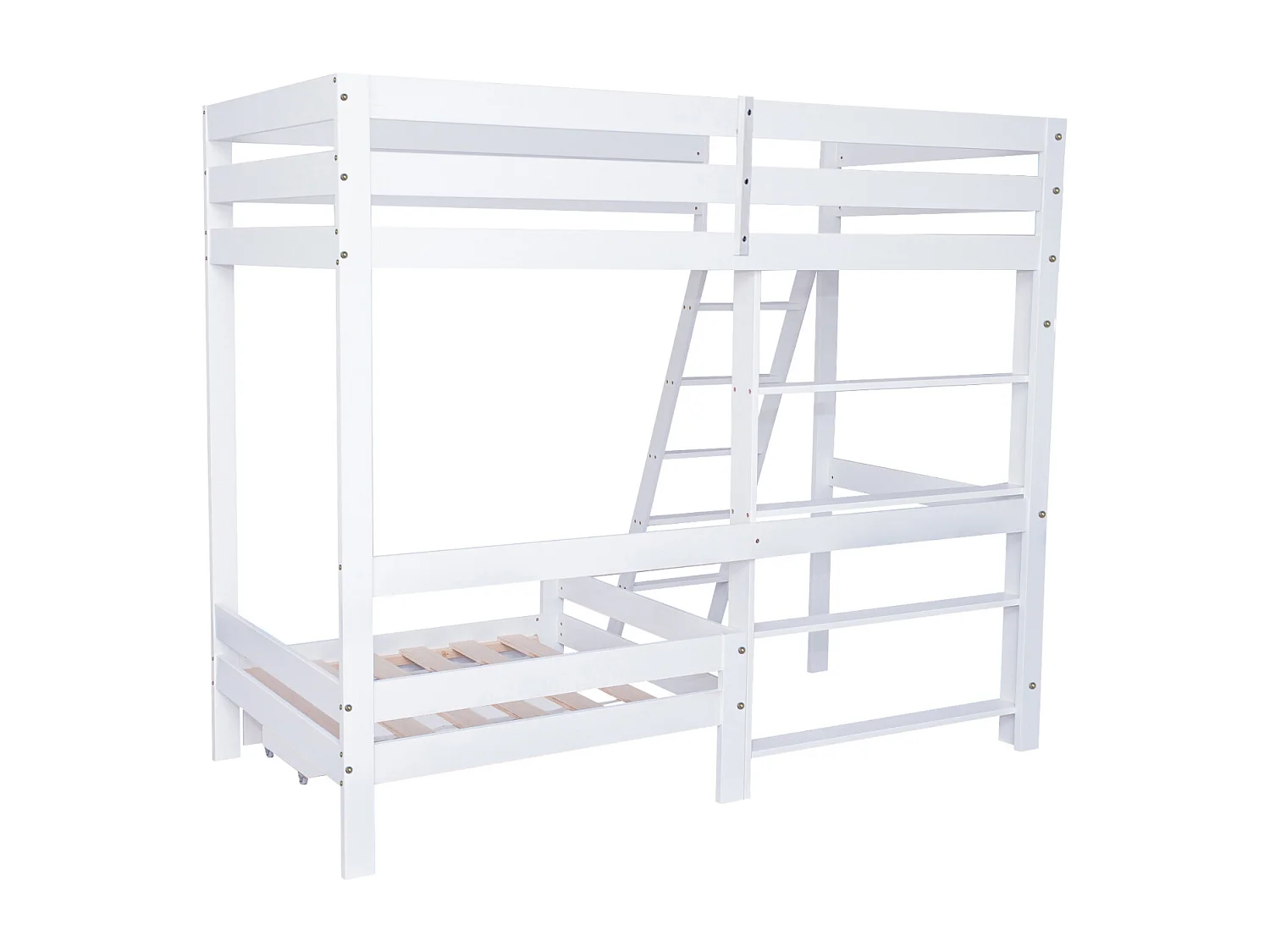 Litera infantil de 90x200 cm en madera maciza blanca, con estantes, sofá integrado, cajón y escalera inclinada de 5 peldaños.