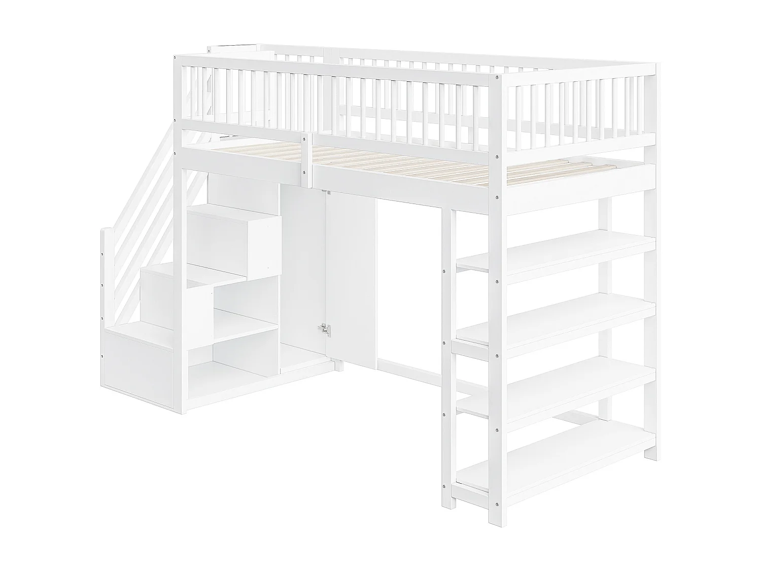 Lit mezzanine 90x200 cm en bois massif blanc avec garde-corps haut, armoire, étagères et rangement, échelle sécurisée