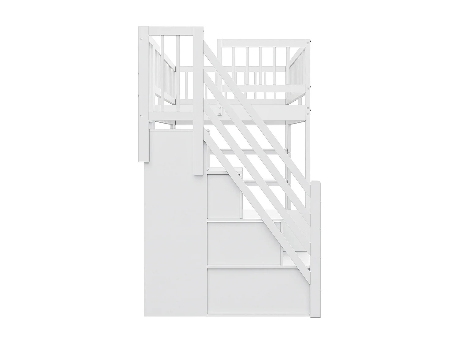 Lit mezzanine 90x200 cm en bois massif blanc avec garde-corps haut, armoire, étagères et rangement, échelle sécurisée