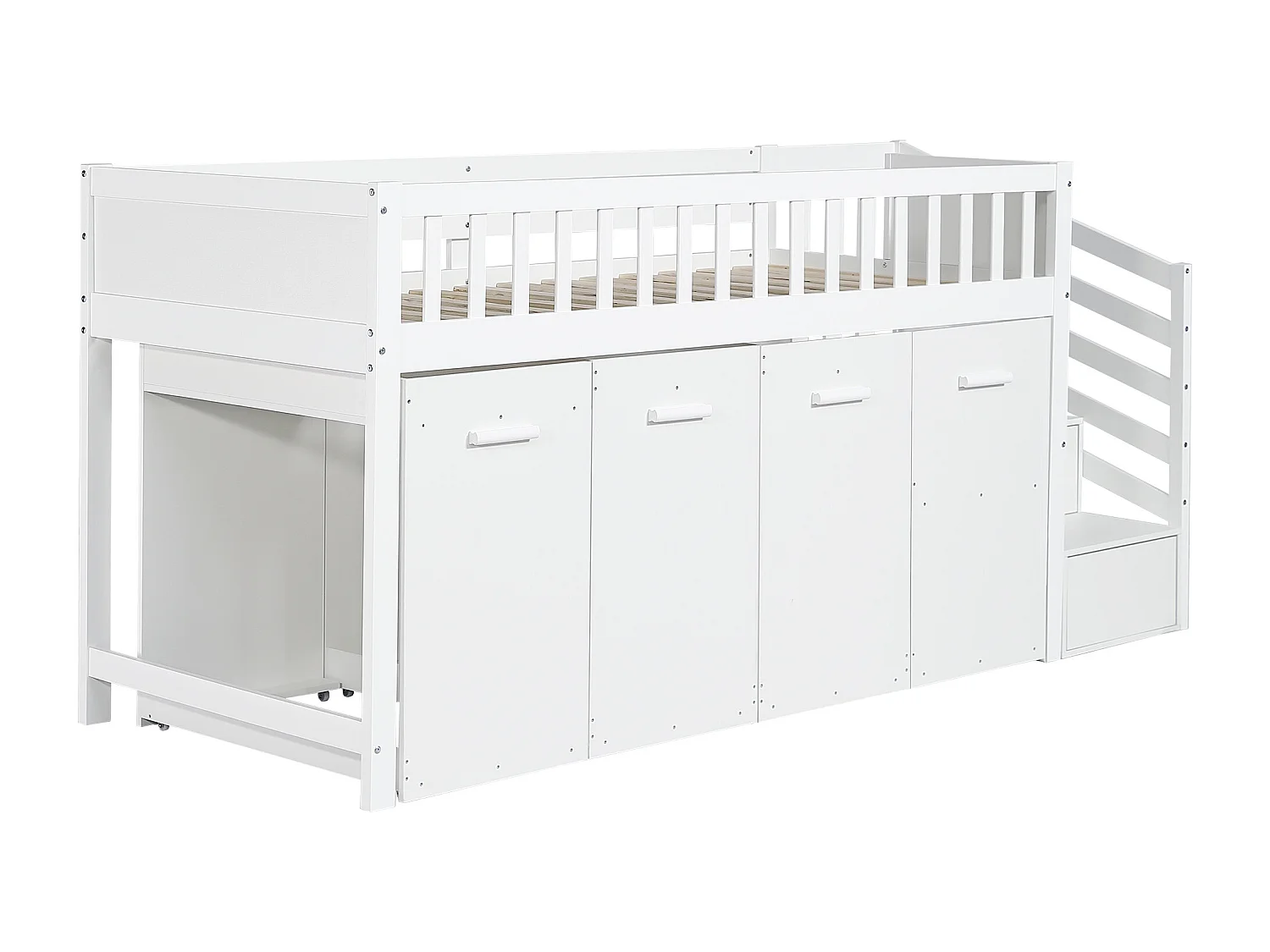 Multifunctioneel stapelbed 90x200 cm voor kinderen met veiligheidsrails, bureau, kledingkast en 2 geïntegreerde opbergvakken, grenen en MDF, wit